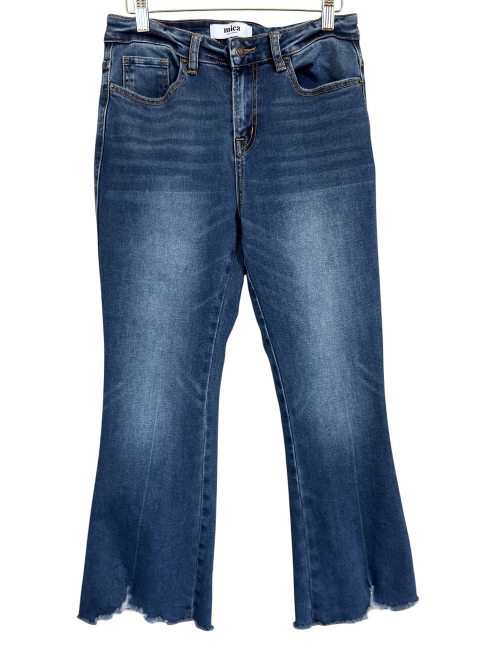 Mica Los Angeles High Rise Raw Hem Flare Jeans Women’s Size 27 Dark Wash